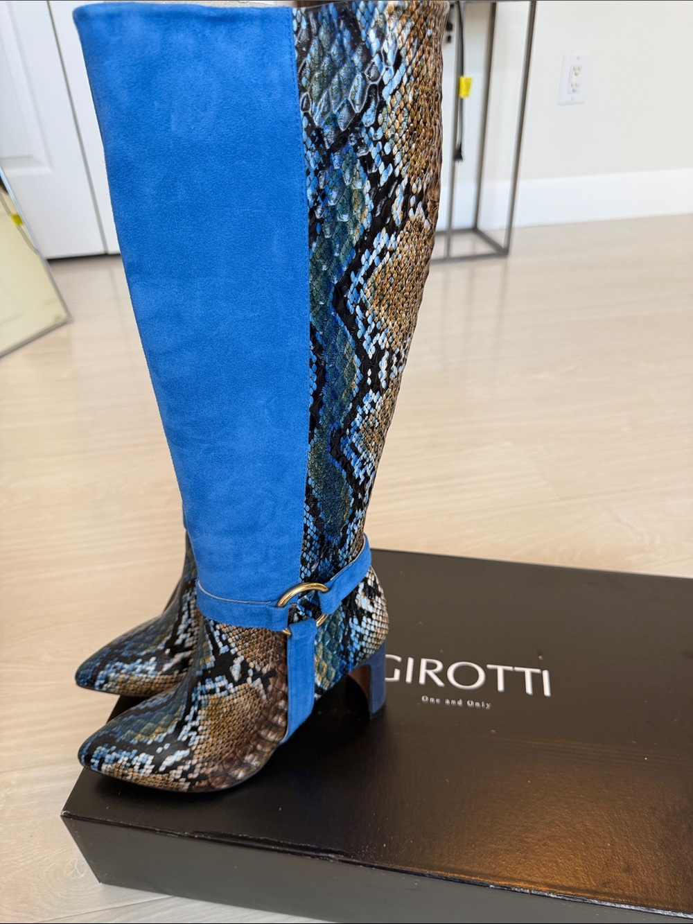 Blue Suede & Snakeskin Over-the-Knee Boot with Buckle Detail